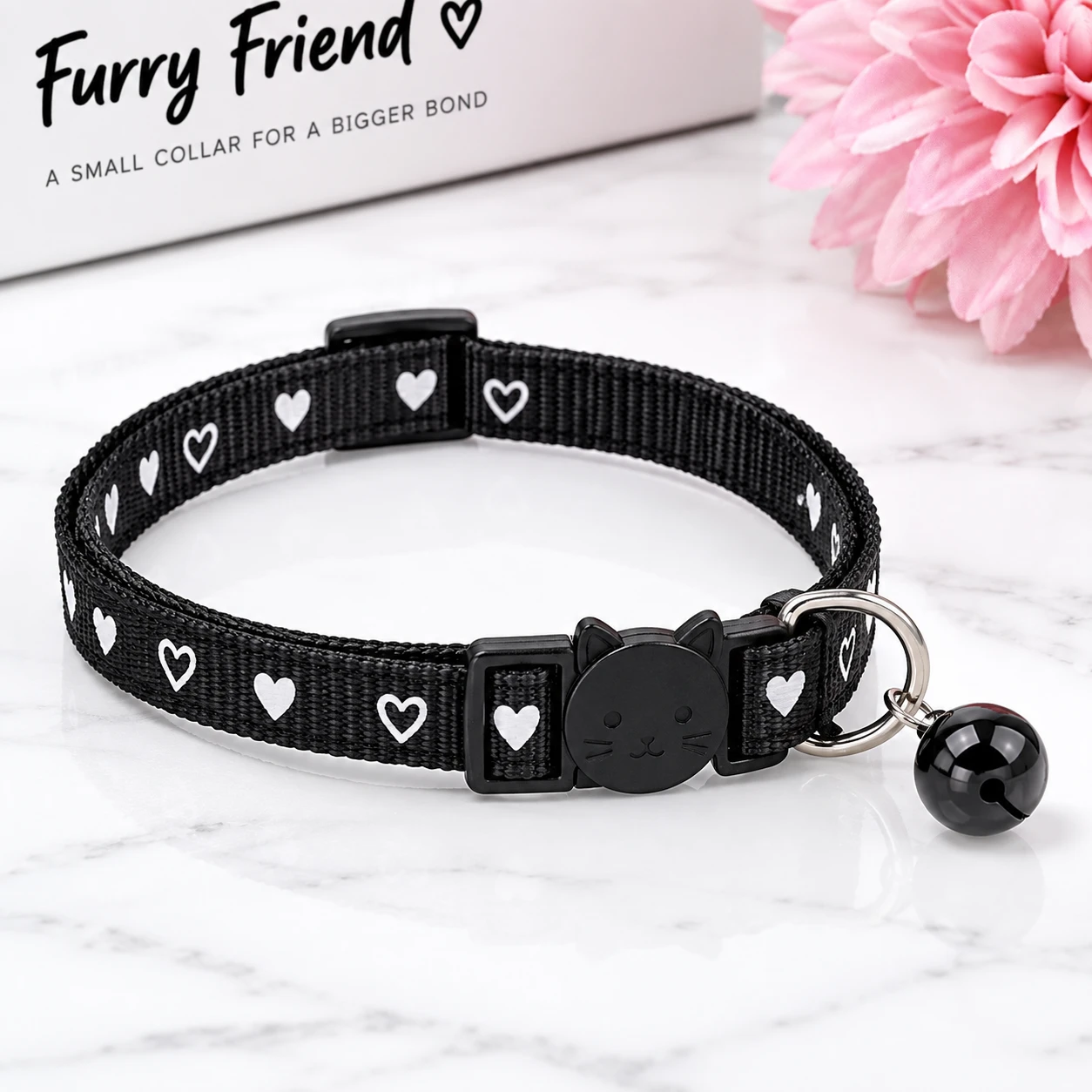 Black Adjustable Cat Collar with Bell | Classic Heart Print | Durable & Safe Collar for Cats & Small Pets