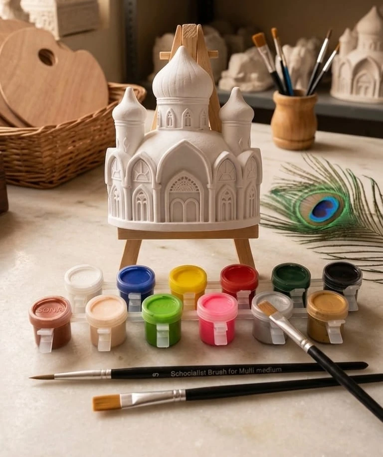 DIY Taj Mahal Plaster Painting Kit | Taj Mahal Figurine, Tempera Colours, Paint Brushes & Easel Stand