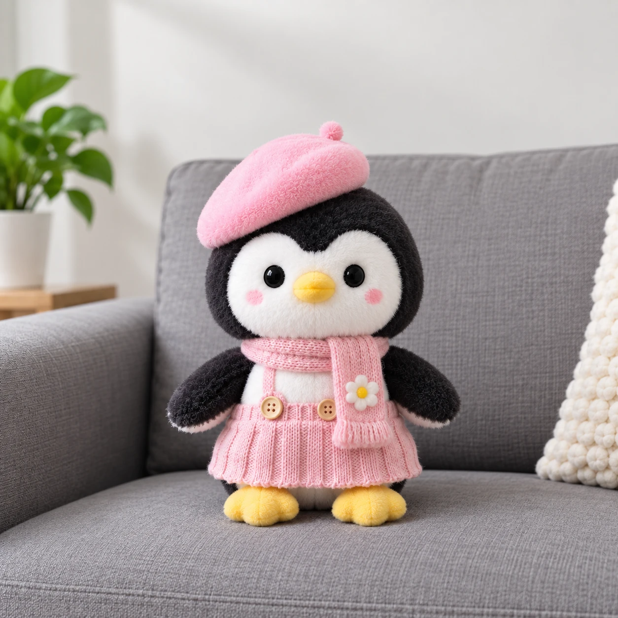 Premium Soft Penguin Plushie – Pink Beret Edition