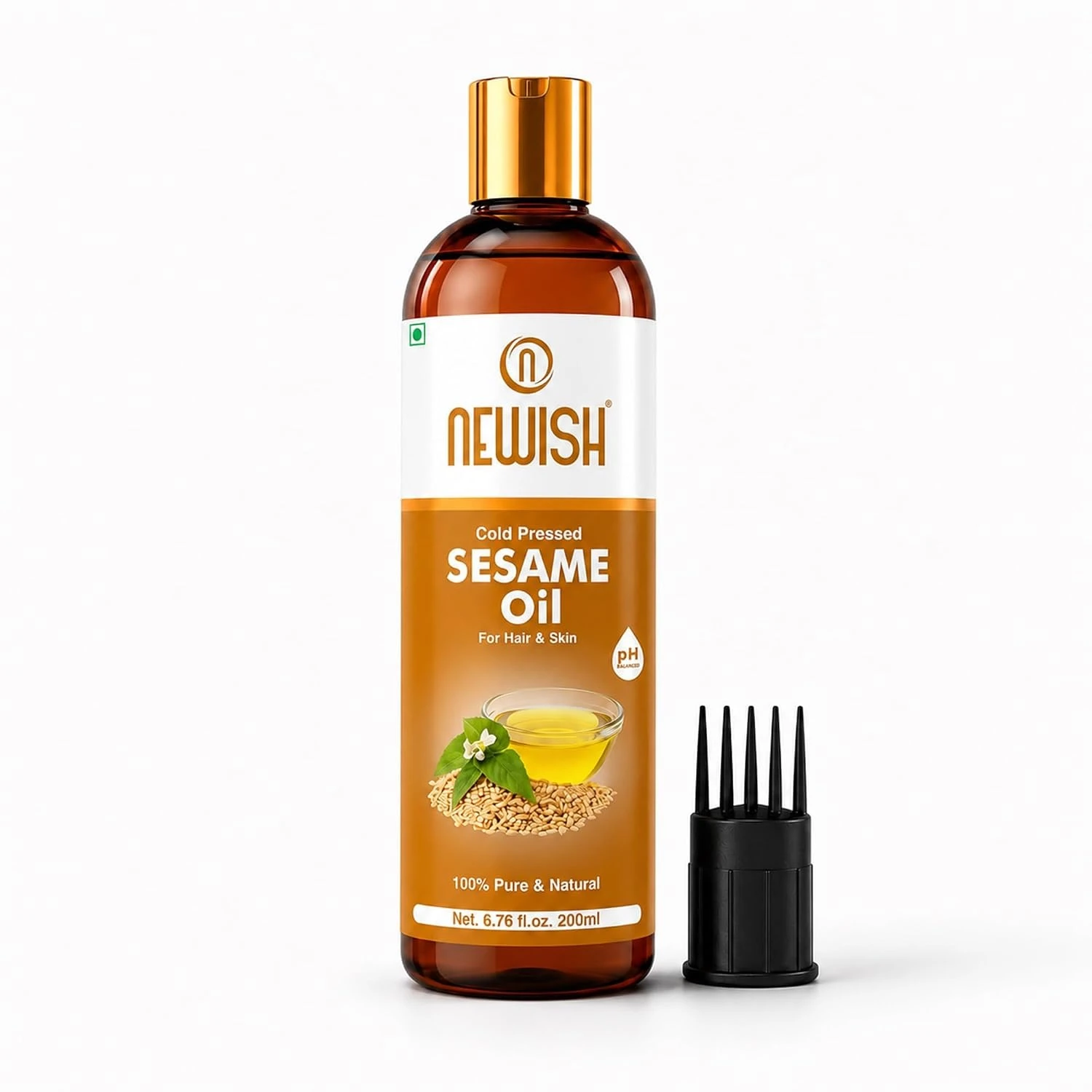 Newish Cold Pressed Seaseme Oil 200ml for Hair Growth, Face, Skin & Nails | 100% Pure, Virgin & Unrefined, Hexane-Free Non-Comedogenic Carrier Oil with Free Scalp Applicator | Men & Women| Pack of 1