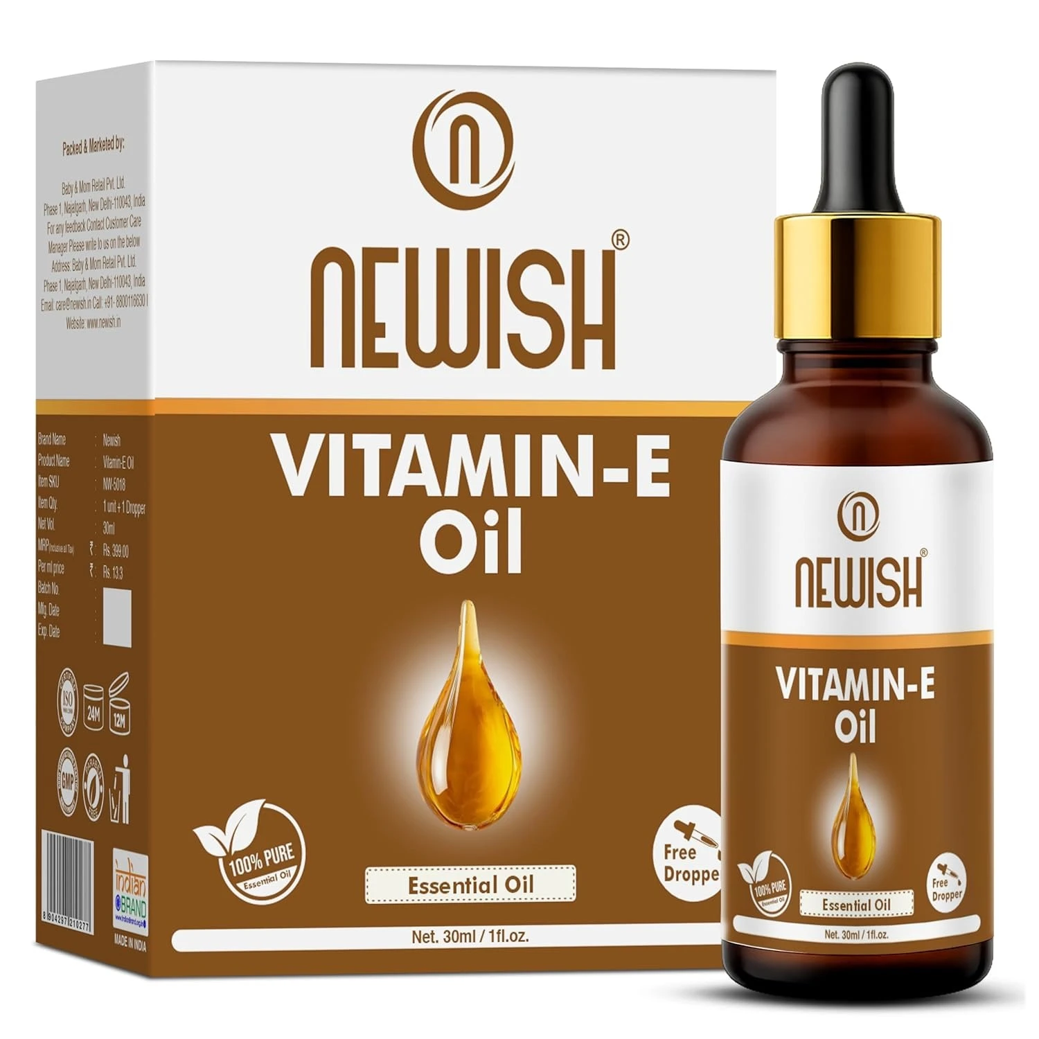 Newish Vitamin E Oil for Hair, Skin & Massage – 30ml | Pure & Natural | Moisturizer for Face, Scalp & Body | Non-Sticky & Fast Absorbing | Hair Growth & Skin Nourishment