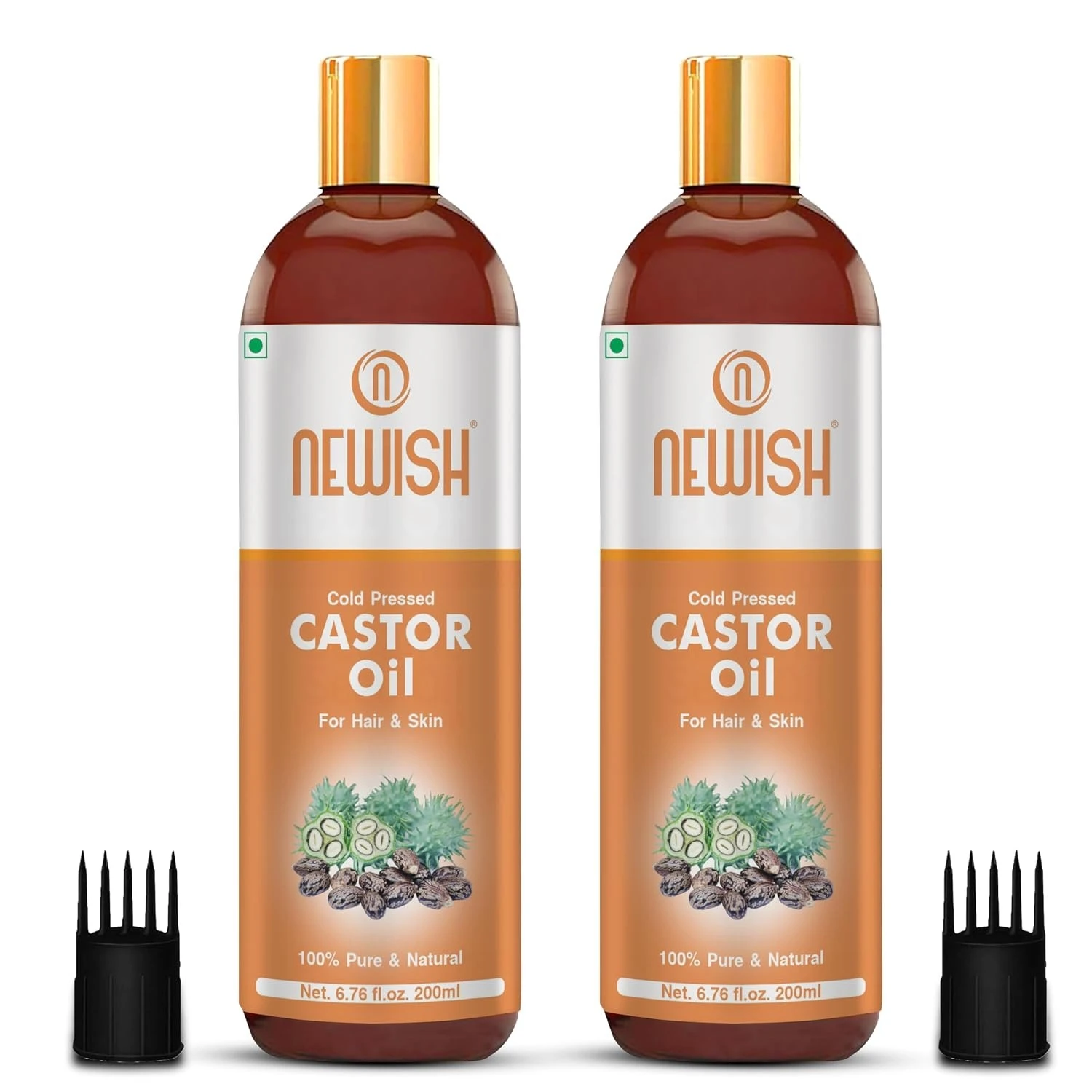 Newish Cold Pressed Castor Oil 200ml | For Hair Growth, Skin, Nails, Eyelashes, Eyebrows | 100% Pure & Natural Castor (Arandi) Oil Rich in Vitamin E, Omega 6 & 9 | Paraben, Hexane Free- Pack of 2