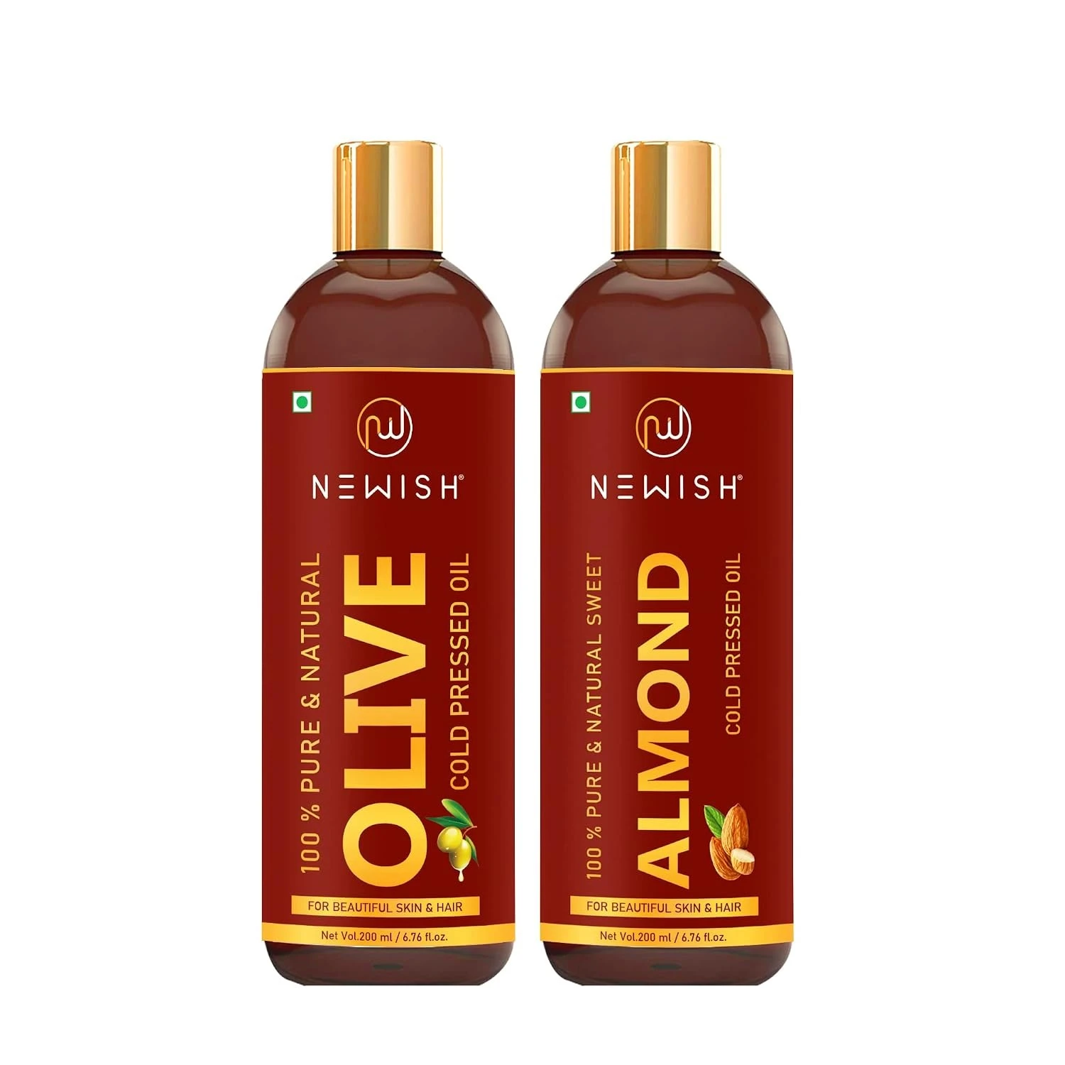 Newish® Pure Cold Pressed Olive Oil & Sweet Almond Oil for Growth and Glowing Skin & Face 200 ml Each