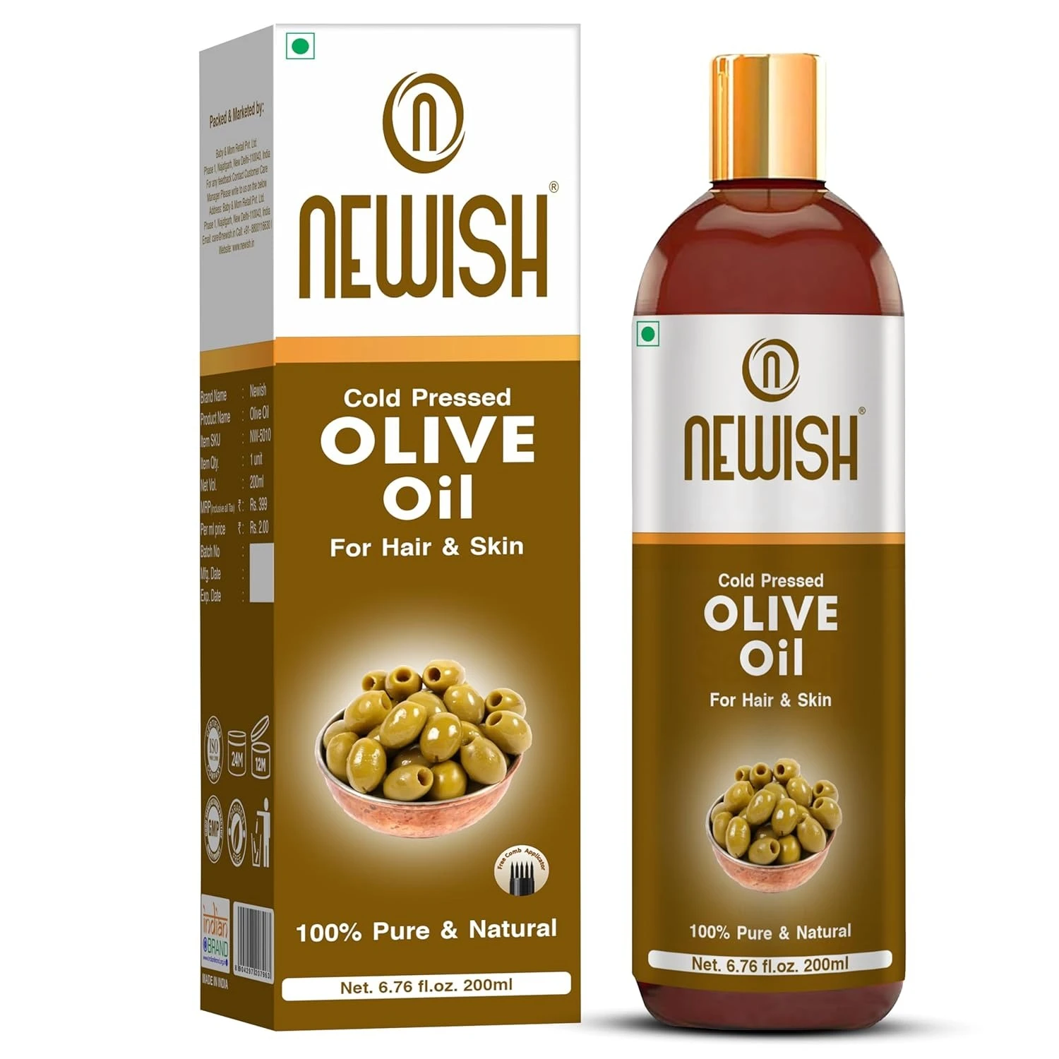 Newish Olive Oil for Hair, Skin & Body Massage | 200ml | Pure & Cold Pressed Olive Oil for Dry Scalp, Frizz Control & Glowing Skin | Non-Sticky Hair Oil for Men & Women