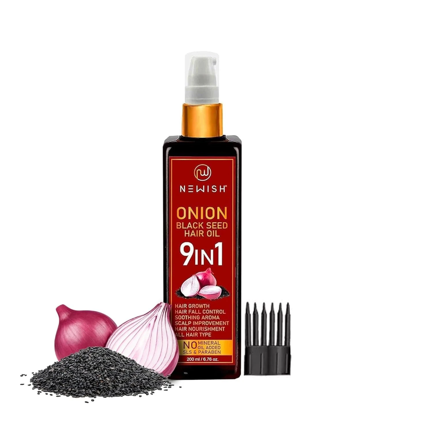 Newish Onion Black Seed Hair Oil for Hair Growth & Hair Fall Control | 100% Natural Cold Pressed Oil with Red Onion & Kalonji for Strong, Thick, Shiny Hair – 200ml