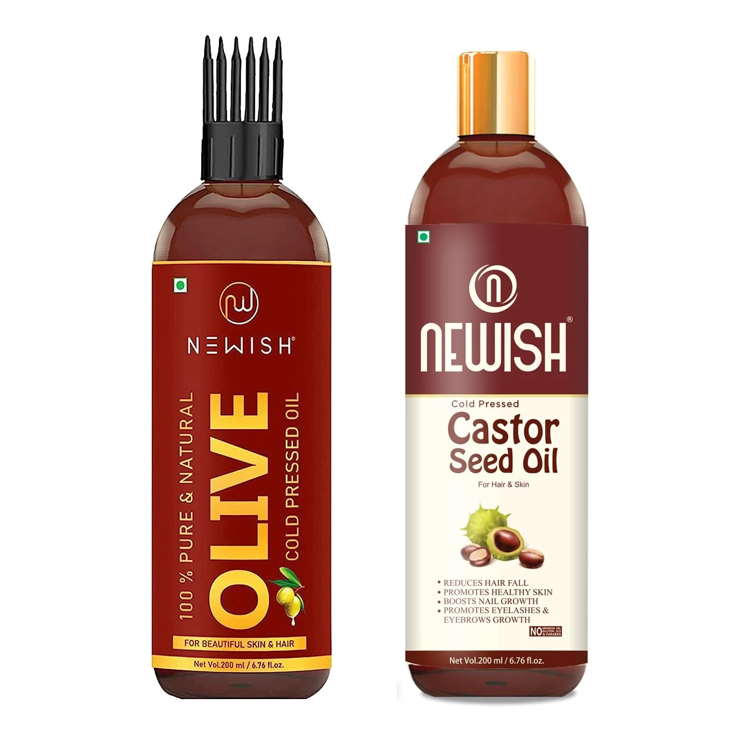 Newish® Pure Cold Pressed Olive Oil For Hair and Skin & Premium Castor Oil for Hair Growth, Skin and Eyebrow | Natural | Organico | Skin Oil - 200ml Each