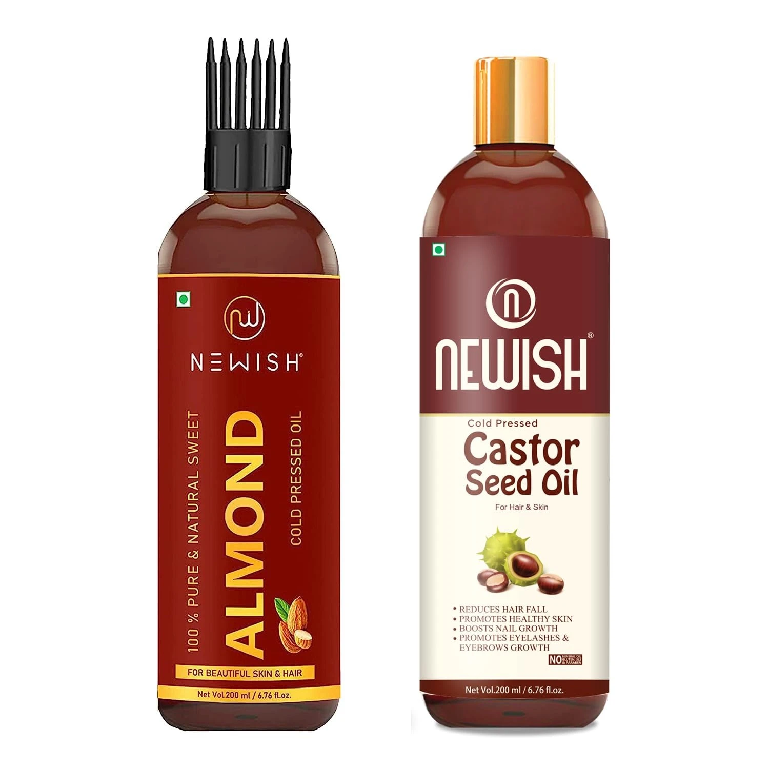 Newish® Pure Cold Pressed Sweet Almond Oil for Growth and Glowing Skin & Face and Premium Castor Oil for Hair Growth, Skin and Eyebrow | Natural | Organico | Skin Oil - 200ml Each
