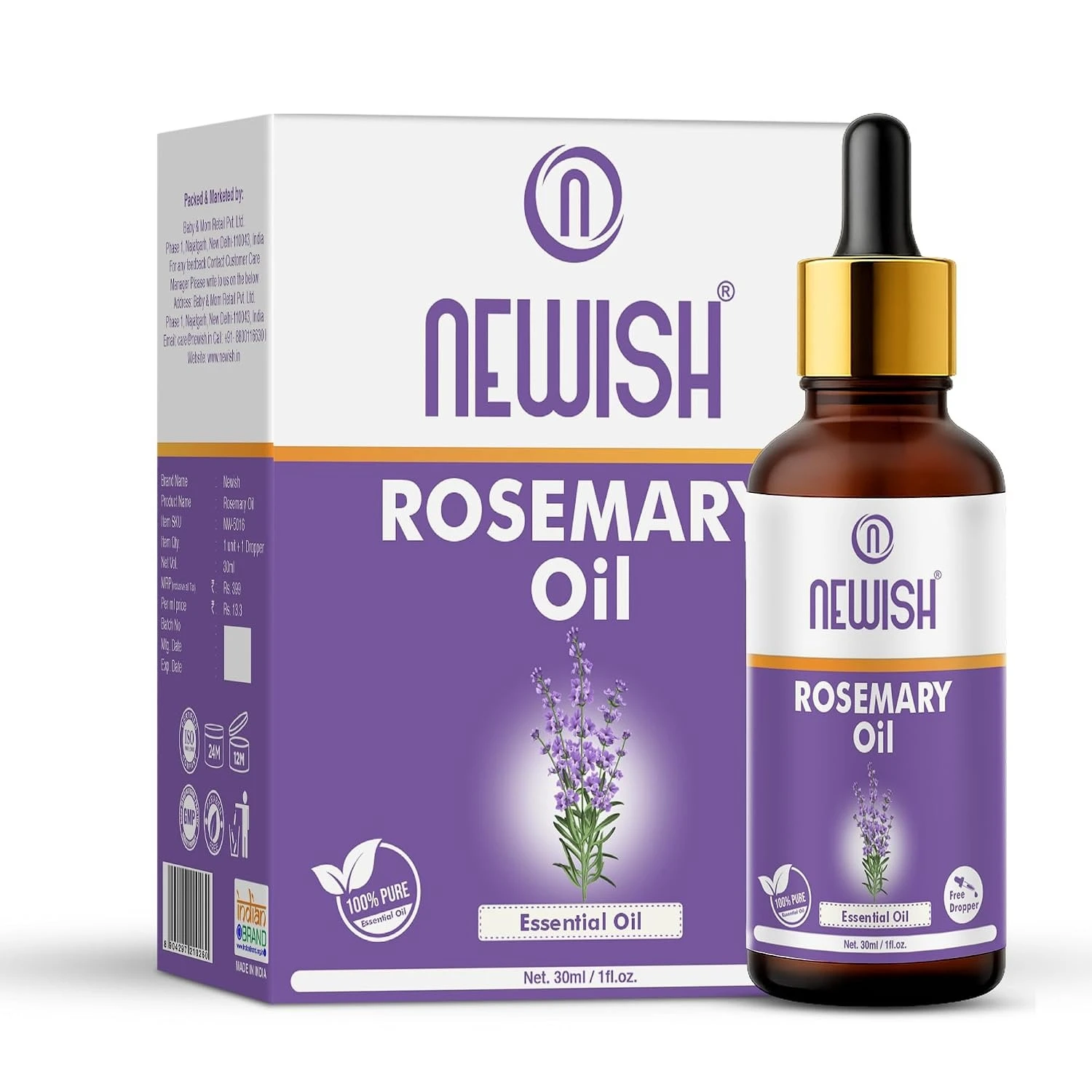 Newish 100% Pure Rosemary Essential Oil 30ml | Rosemary Oil For Hair Fall Control and Regrowth | Natural | Undiluted | Essential Oil For Stress Relief, Nourishment and skin Care