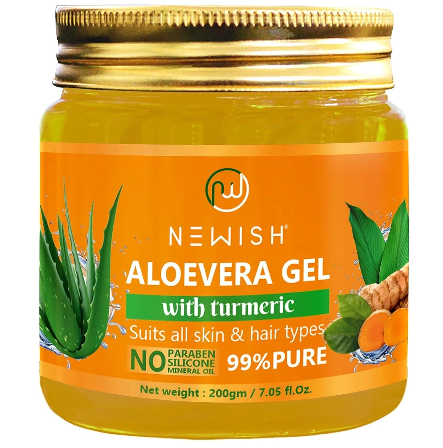 Newish Turmeric Aloe Vera Gel for Face, Hair & Skin | 200 gm | 100% Pure & Natural with Turmeric | Soothing & Hydrating Gel for All Skin Types | Anti-Acne, Anti-Tan, Anti-Ageing