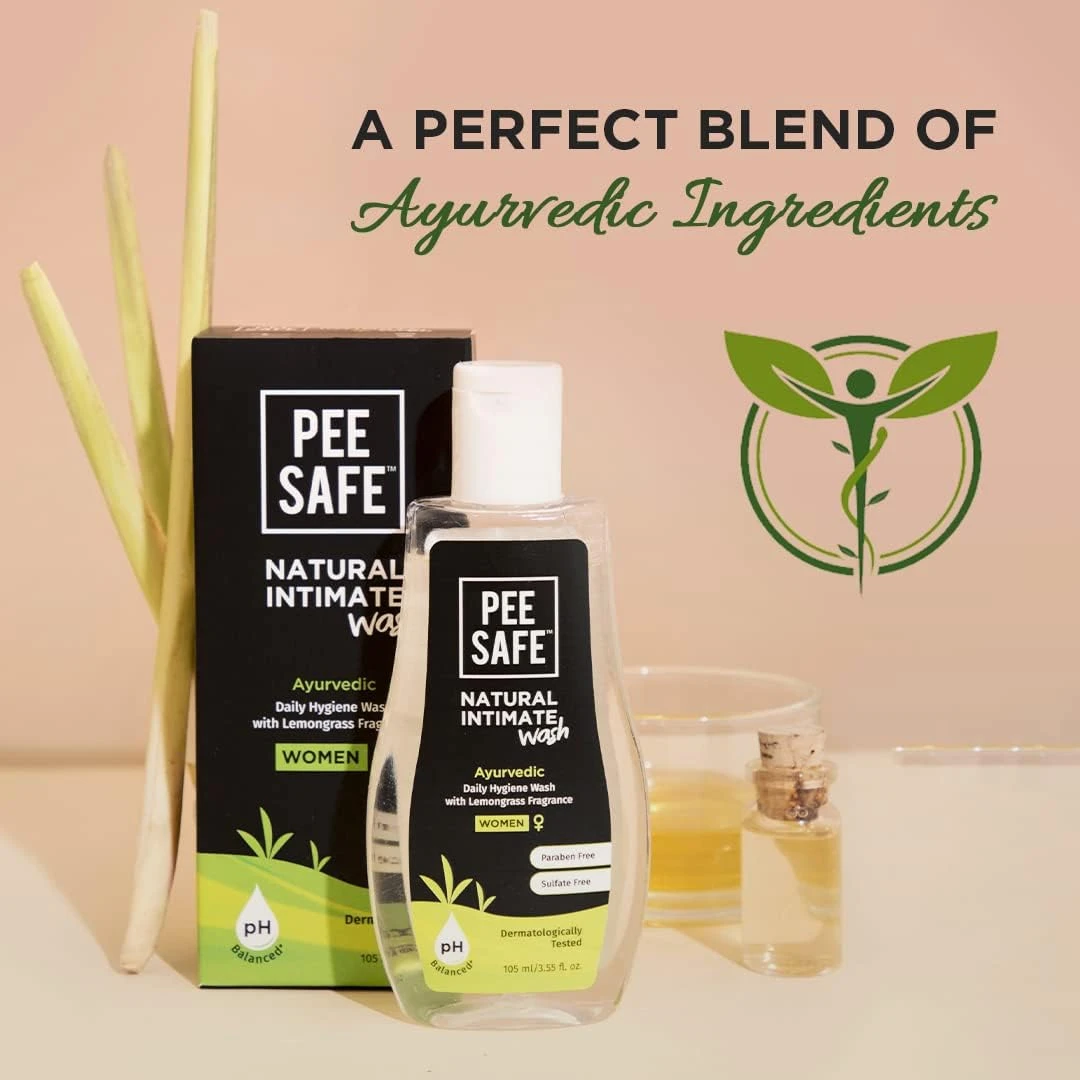 Pee Safe Intimate Wash For Women 105ml Natural Ayurvedic | Paraben-Free Lemongrass Fragrance and 100% Alcohol-Free, pH Balanced, Sulfate-Free