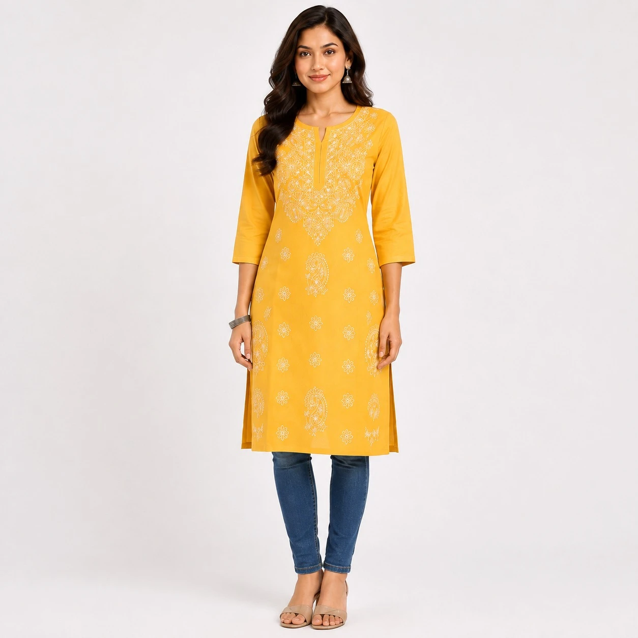 Pansho Omkara long Cotton Kurti with heavy chikankari work - yellow