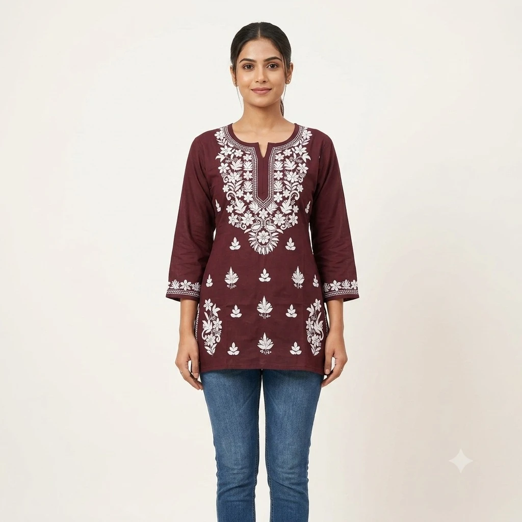 Pansho Omkara Rayon fabric short kurti with chikankari work ; Maroon