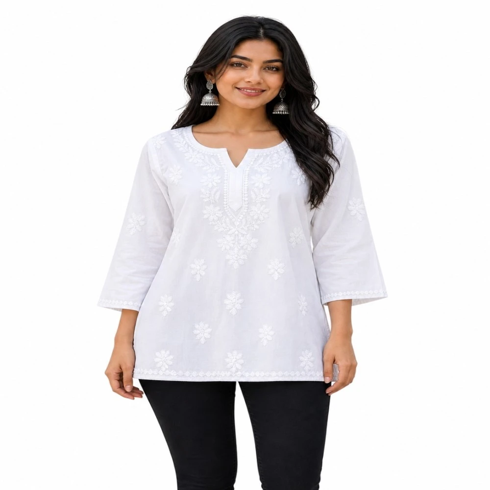 Pansho Rayon Fabric Chikankari Solid Women's Short Kurta - white