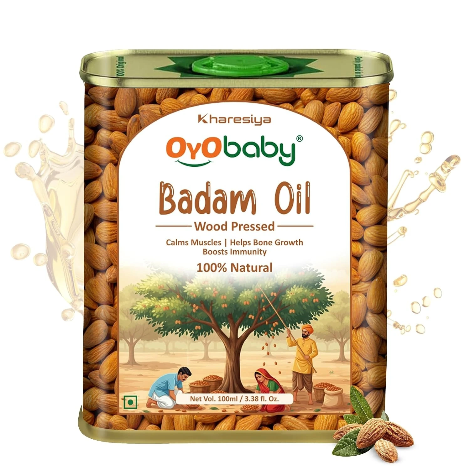 OYO BABY Sweet Almond Oil - 100 ml | Wood Pressed 100% Natural Oil | Rogan Badam Oil | Baby Oil For Body Massage | Baby Massage Oil For New Born | Faster Physical Growth for Stronger Bones and Muscles