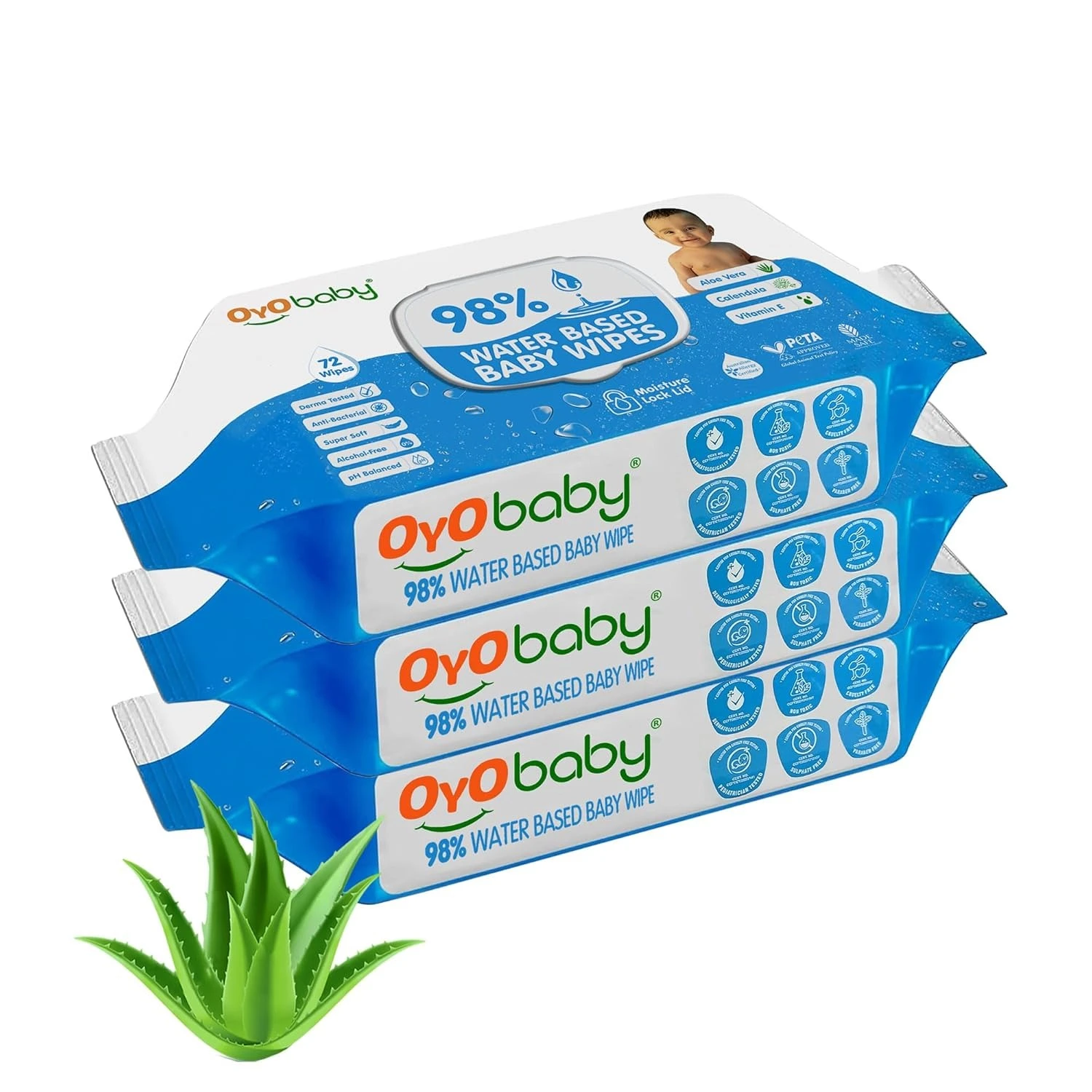 OYO BABY Pure Water Baby Wipes 98% - Gentle and Refreshing Wet Wipes for Your Newborn pack of 3x72 Pcs with Lid