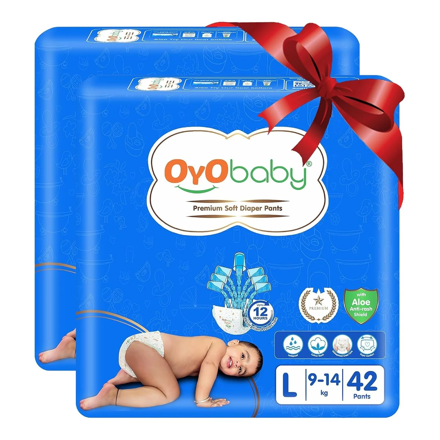 OYO BABY Fastest Absorbing & Long Lasting Dry Night & Comfortable Sleep Style Diaper Pants, Size 9-14 kg baby 42Count (Pack of 2), Complete Comfort Wonder Pants New Born Baby Diaper Pant