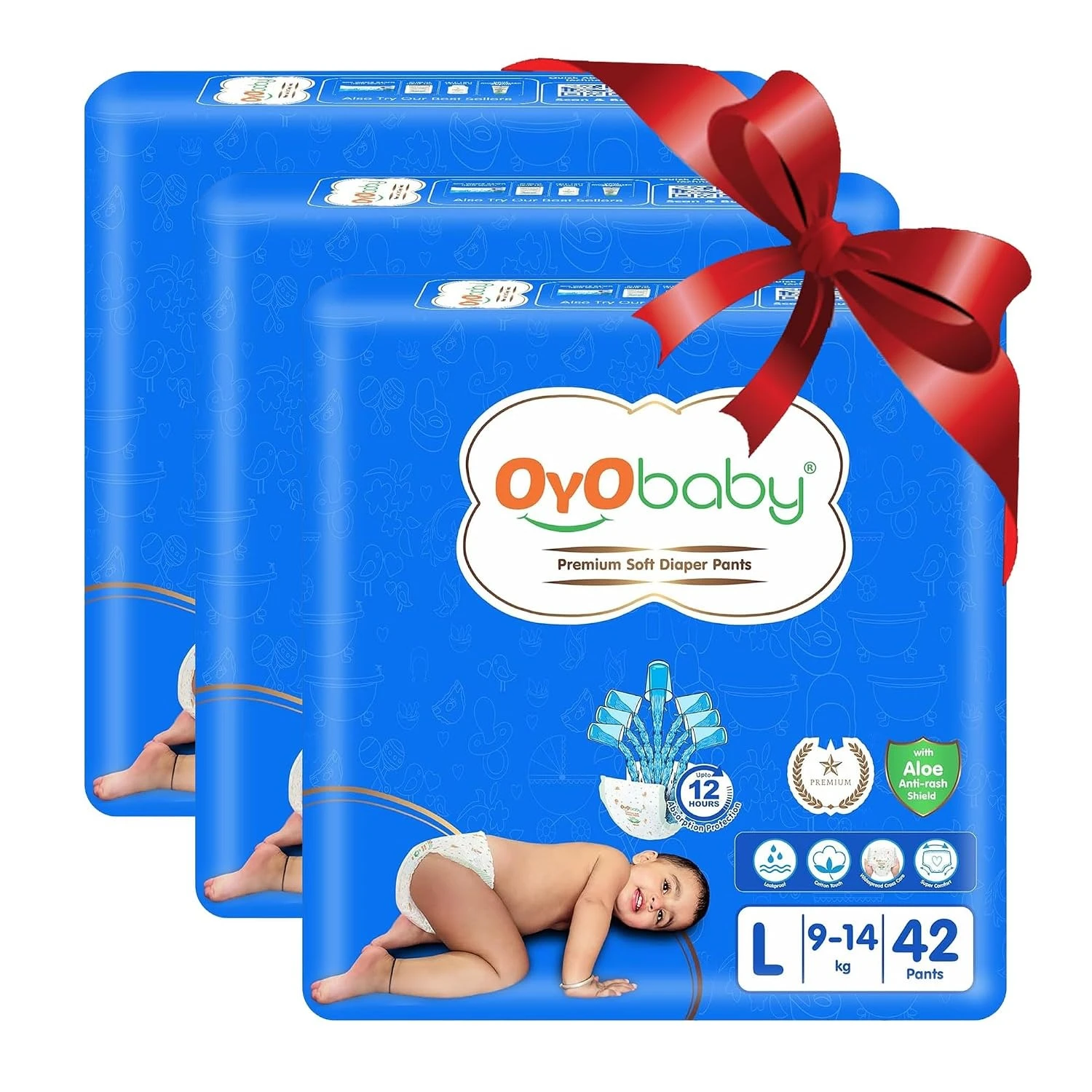 OYO BABY Pant Style Baby Diapers, Pack of 3 - Large (XL), 42 Count, for Babies 9-14kg, with Aloe Vera Lotion for Rash Protection & Up to 12 Hours Protection