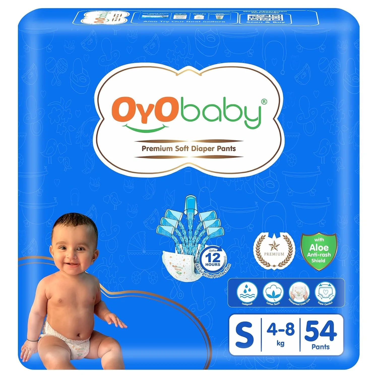 OYO BABY Pant Style Baby Diapers, Pack of 1 - Small (S), 54 Count, for Babies 4-8kg, with Aloe Vera Lotion for Rash Protection & Up to 12 Hours Protection