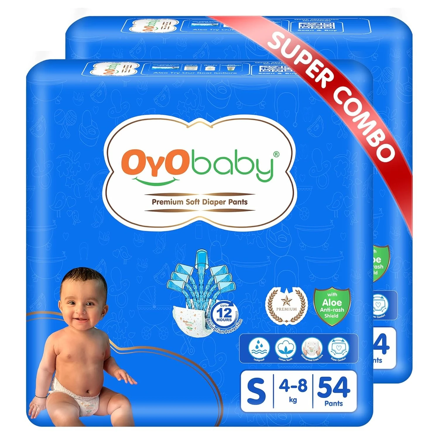 OYO BABY Pant Style Baby Diapers, Pack of 2 - Small (S), 54Count, for Babies 4-8kg, with Aloe Vera Lotion for Rash Protection & Up to 12 Hours Protection