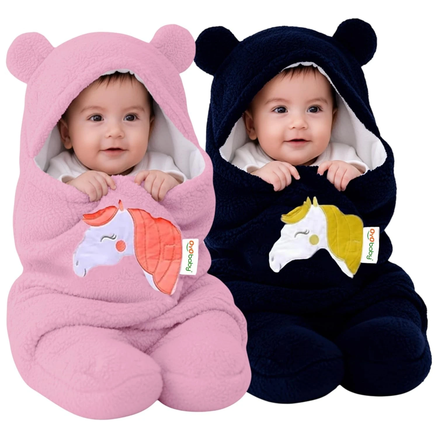 OYO BABY Newborn Baby Blanket Combo Pack – 2 Pcs Super Soft Micro Fleece Wrapper/Sleeping Bag (0-6 Months, 72x68 cm, Pink & Dark Blue, Skin-Friendly, Boys & Girls)