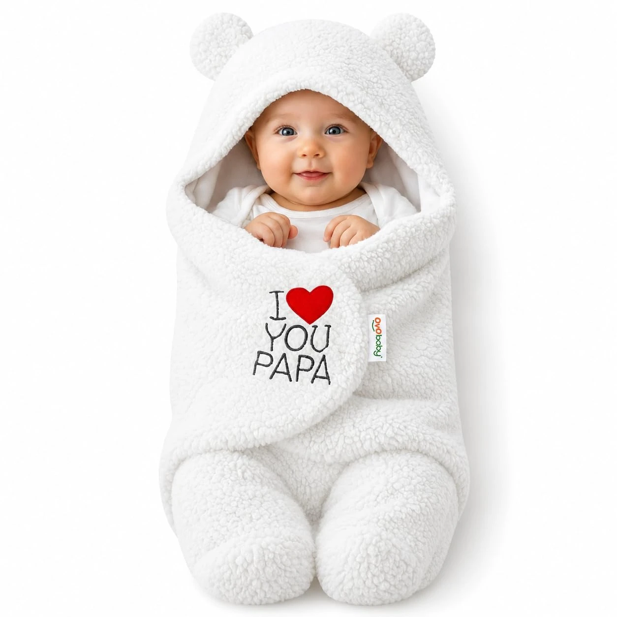 OYO BABY Newborn Baby Hooded Swaddle Wrap – Sherpa Fleece Sleeping Bag with Bear Ears, I Love You Papa Embroidery (0-6 Months, 72x68cm, White)