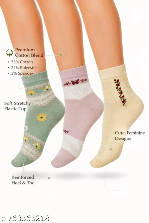 Orrivo Women’s Premium Cotton Ankle Socks for Girls and Ladies | Soft Breathable Stretchable Floral Design Casual Daily Wear Comfortable Skin Friendly Lightweight Socks for All Season Comfort Use Pack 3
