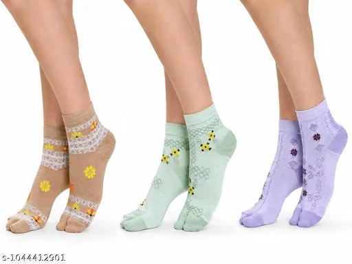 Pack of 3 Women Floral Tabi Split Toe Socks | Premium Cotton Blend Ankle Socks for Women & Girls | Soft Breathable Stretchable Designer Everyday Wear Socks