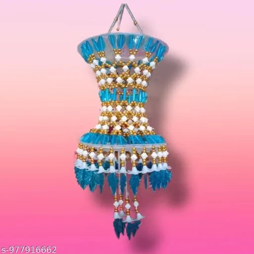 Pack of 1 ice blue and white combination one hook centre hanging jhumar for home decoration length 18 inch