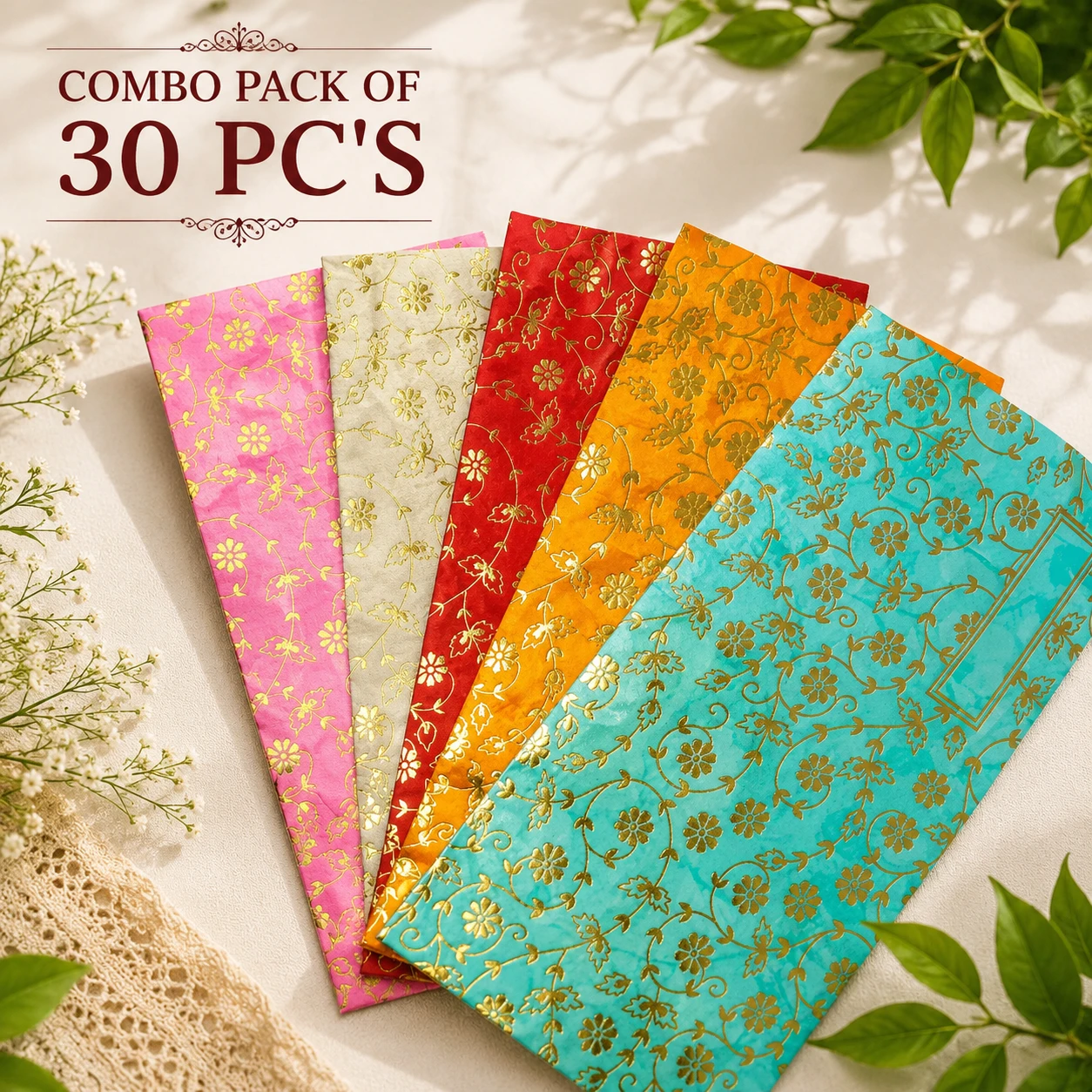 Premium Designer Cash Envelope Combo Pack of 30 Pcs | Multicolor Shagun Money Gift Envelopes with Golden Foil Print for Wedding & Gifting