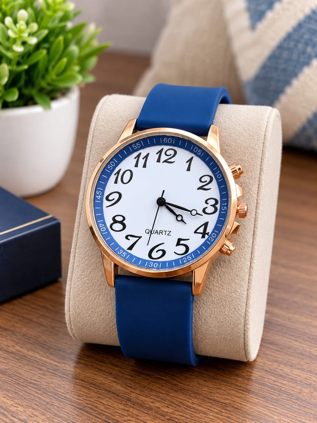 Men’s Stylish Blue Analog Watch with Gold Tone Case & Silicone Strap