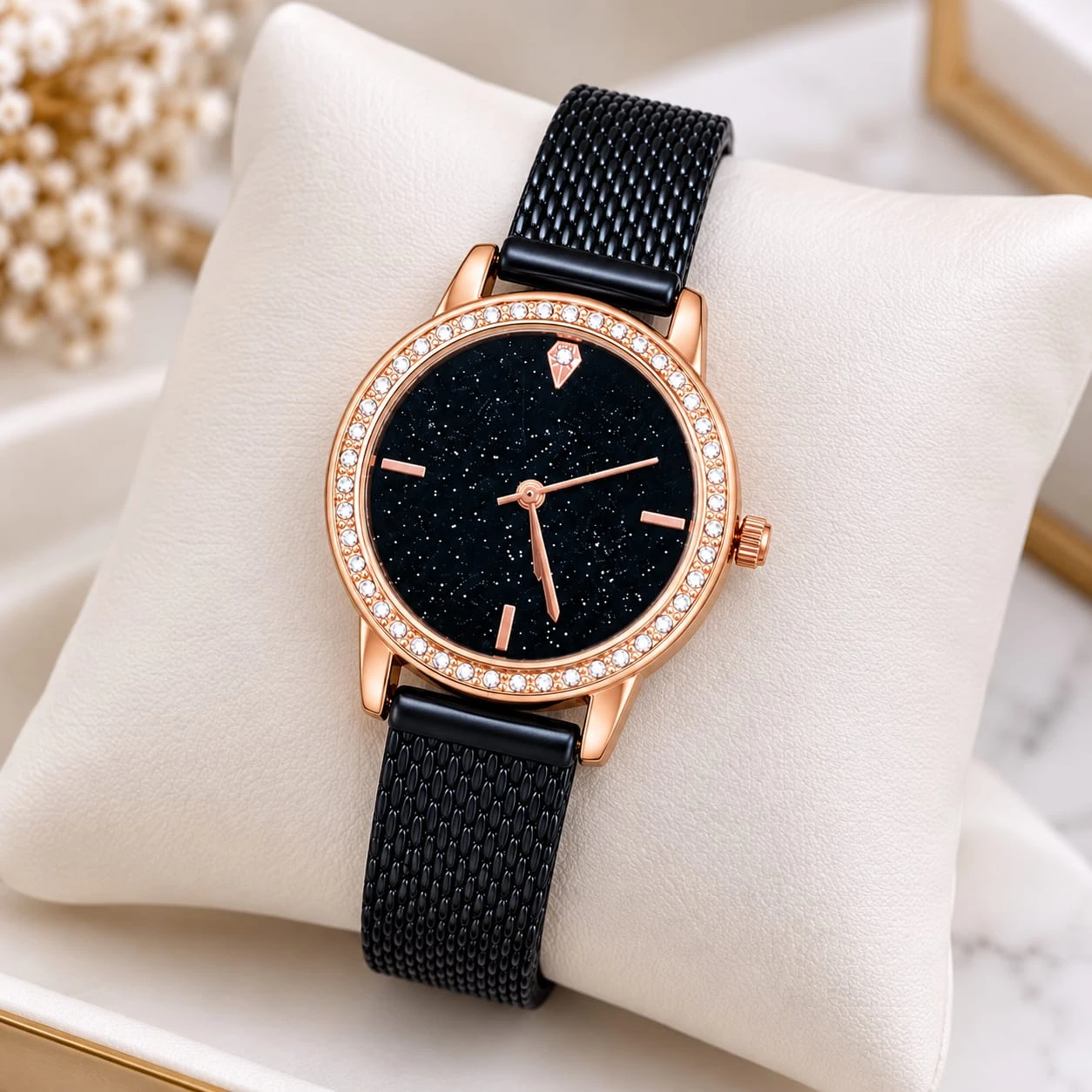 Women’s Rose Gold Black Starry Dial Stylish Fashion Watch