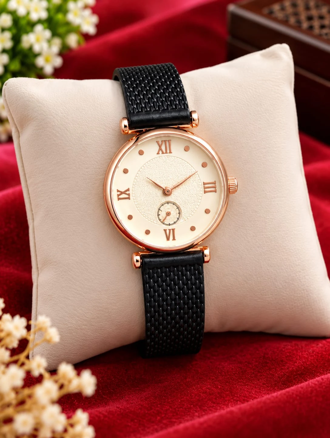 Women’s Rose Gold Black Strap Stylish Roman Dial Watch