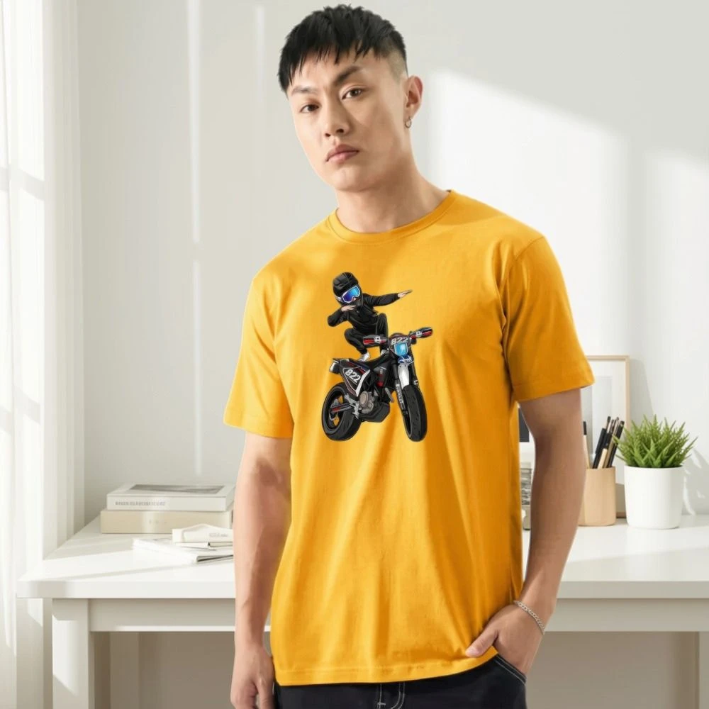 Men's Mustard Yellow Polycotton T-Shirt with Motorcycle Print | Round Neck Casual T-Shirt