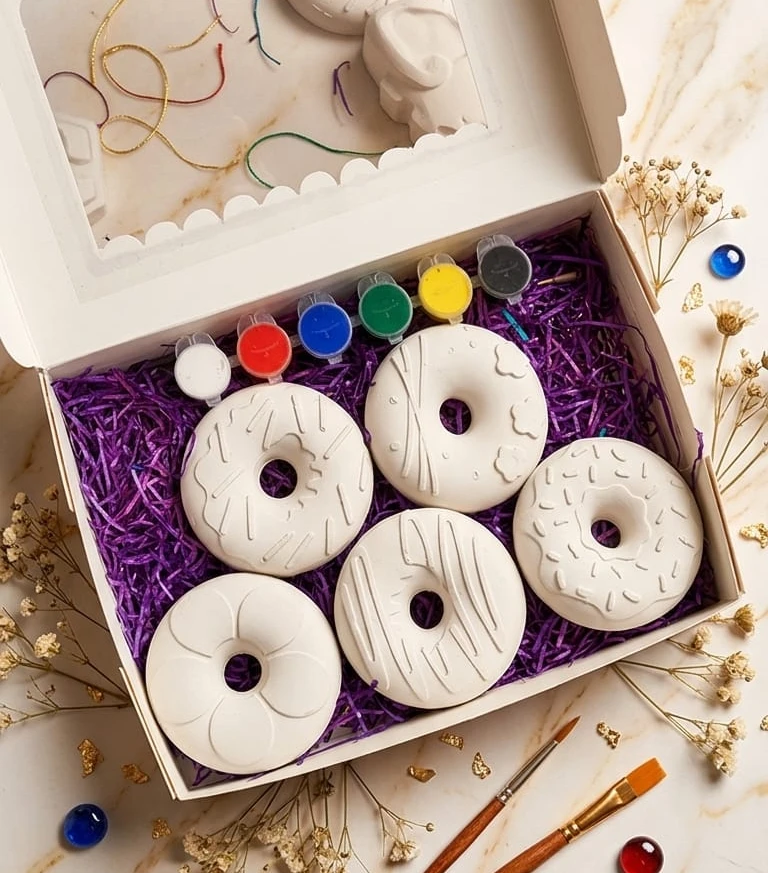 Paint Your Own Plaster Kit • Donut (Box) • 5 Figures • Colour • Brush