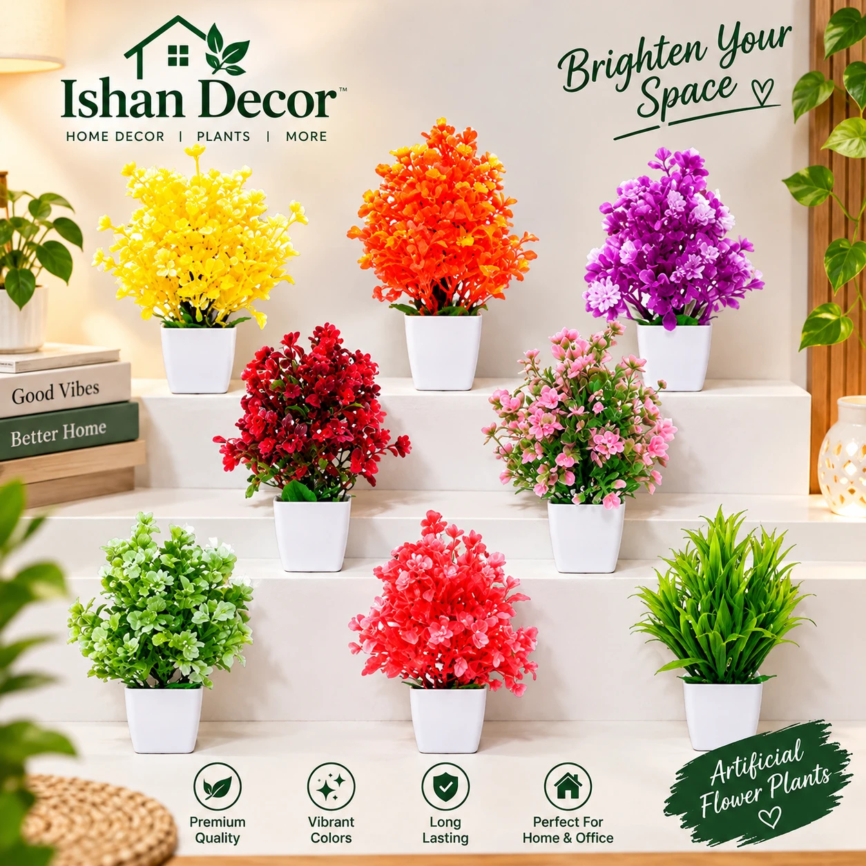ISHAN DECOR Set of 8 Artificial Flower Pots | Multi-Color Faux Plastic Plants for Home, Office & Table Decor | best artificial flower pot