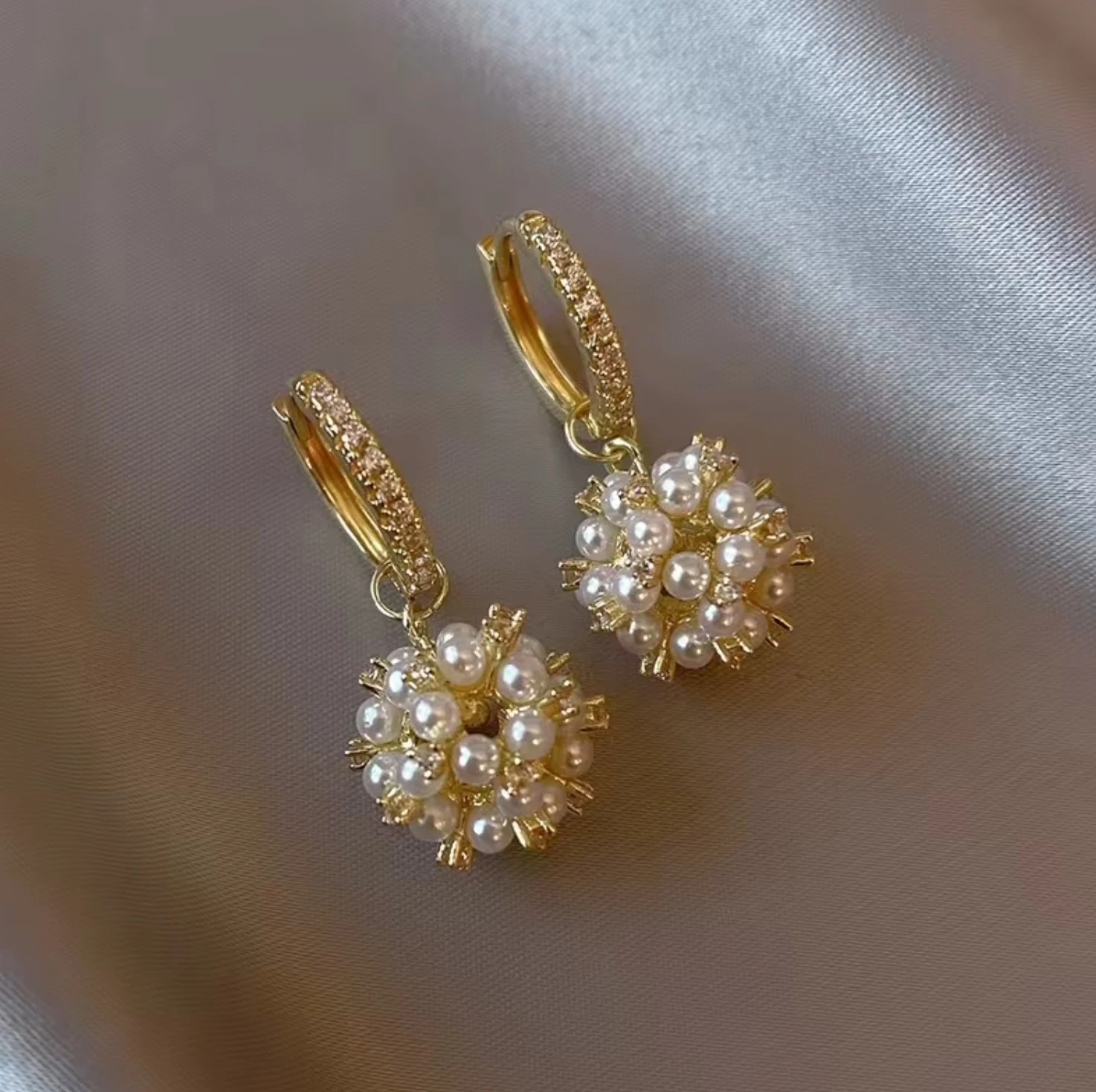 Gold Tone Pearl Cluster Hoop Earrings