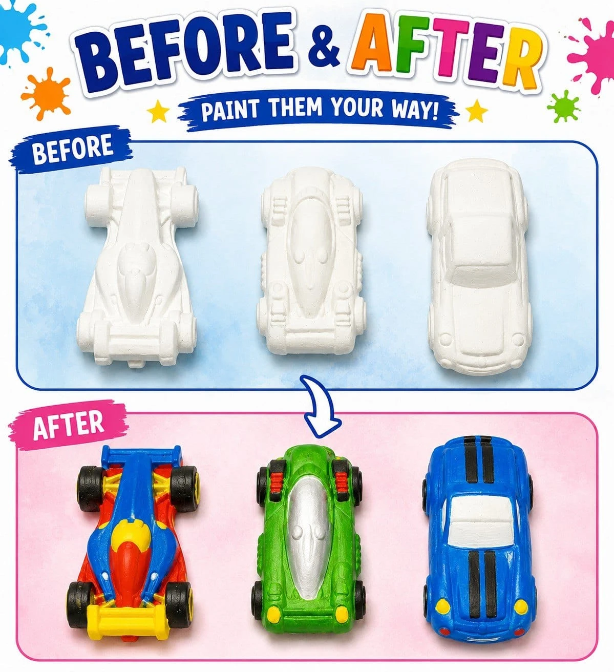 Paint Your Own Plaster Kit • Car Theme • 5 Figures • Colours • Brush