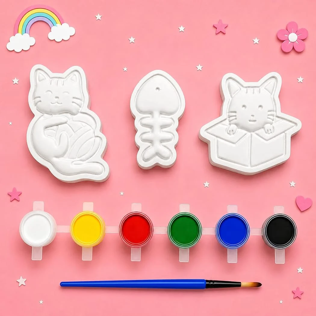 Paint Your Own Plaster Kit • Cute Cat • 5 Figure • Colour • Brush