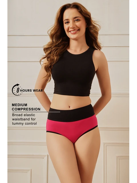 High Waist Tummy Tucker Hipster Panty in Coral - Cotton