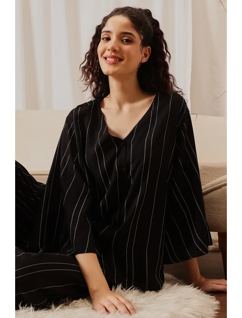 Clovia Women's Rayon Stripe Printed Button Top & Pyjama Set