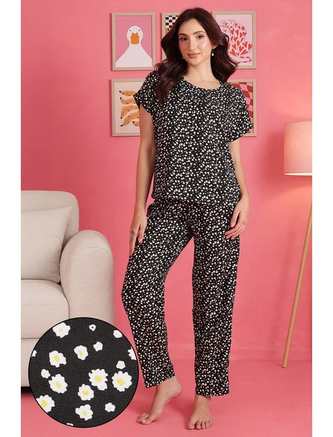 Floral Print Top & Pyjama Set in Black - Rayon