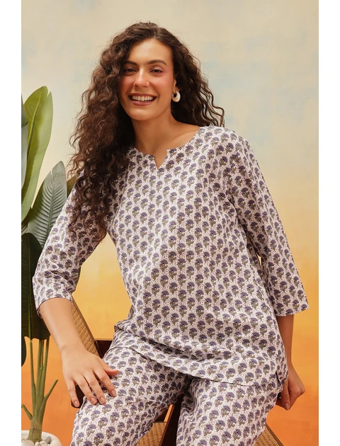 Clovia Women Cotton Rich Printed Night Suit, Blue