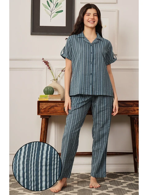 Clovia Women Cotton Rich Printed Night Suit – Button-Down, Blue