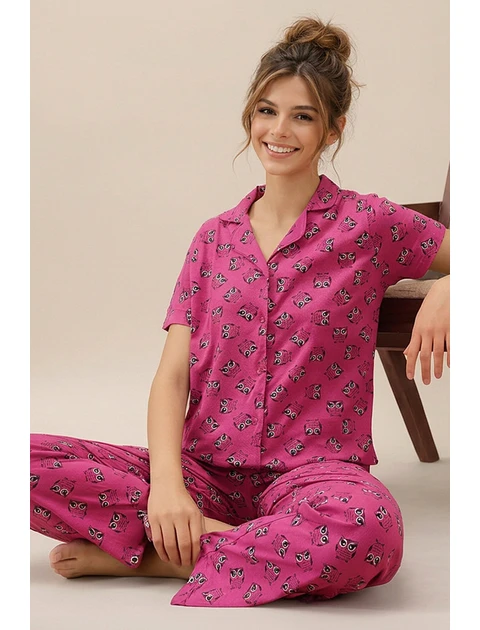 Clovia Women's Cotton Printed Button Down T-Shirt & Pyjama Set