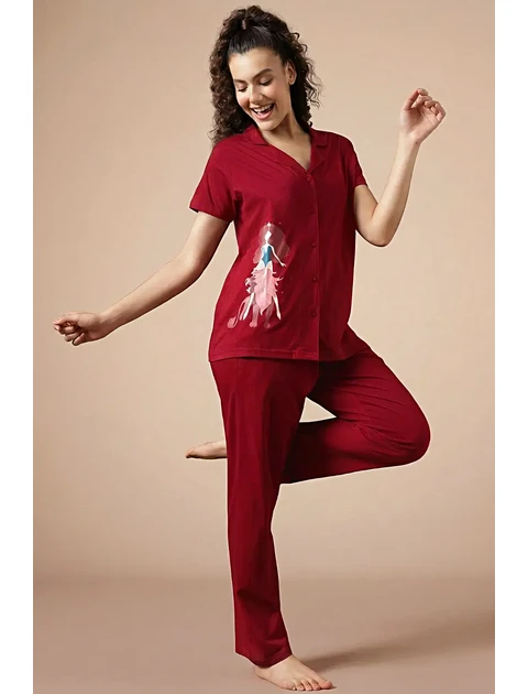 Clovia Women Cotton Printed Night Suit – Button-Down, Maroon