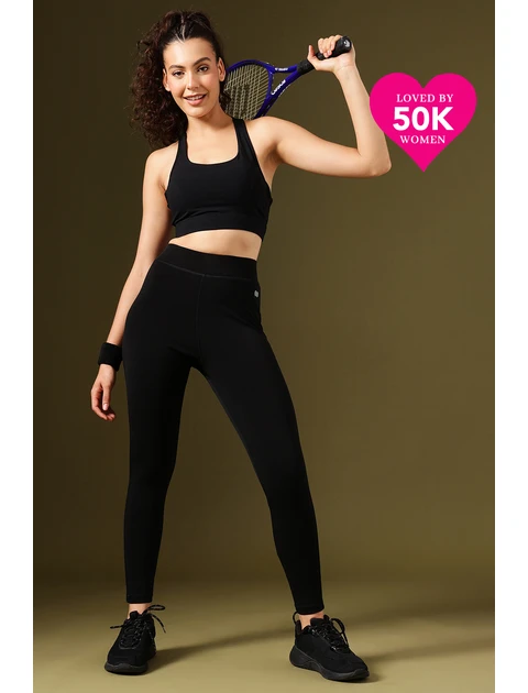 Clovia Women High-Waist Polyester Gym Tights – Workout, Black