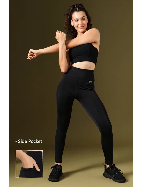 Clovia Women High-Waist Polyester Gym Tights – Workout, Black