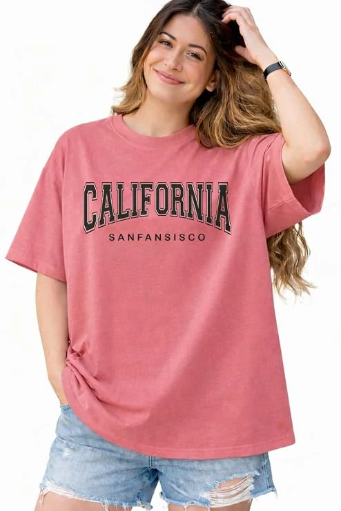 Women's Oversized Cotton T-Shirt | Drop Shoulder Casual Boyfriend Tee | California San Francisco Printed Loose Fit Half Sleeve Top (Sizes M to XXL)