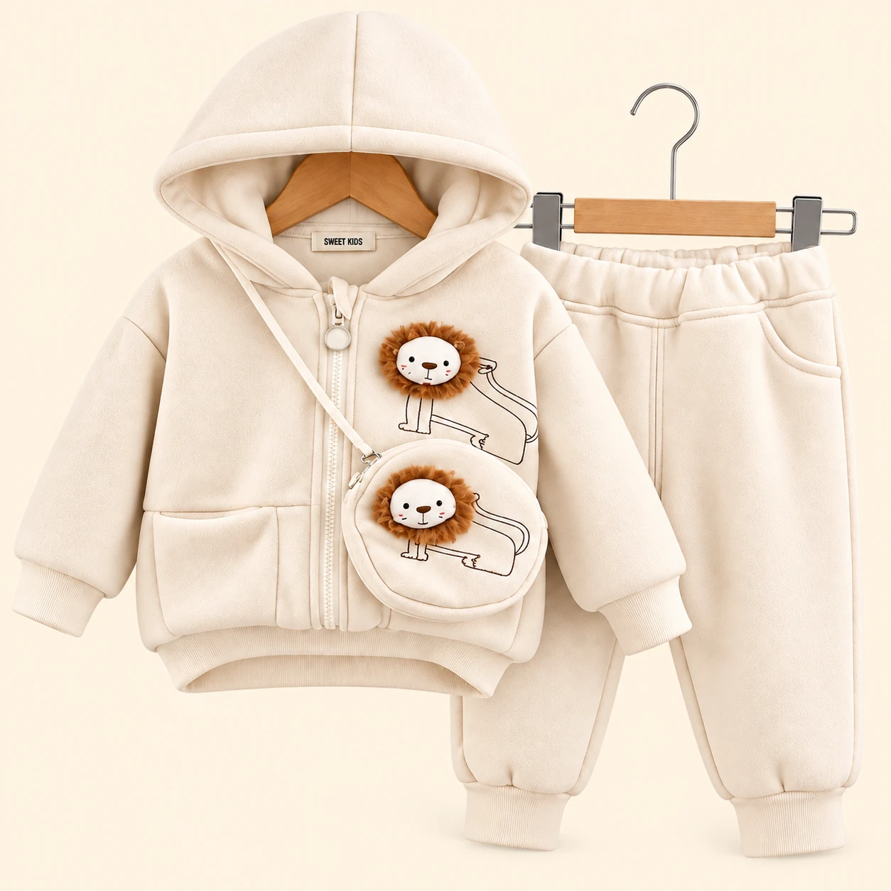 Kids Lion Print Winter Hoodie Tracksuit with Sling Bag