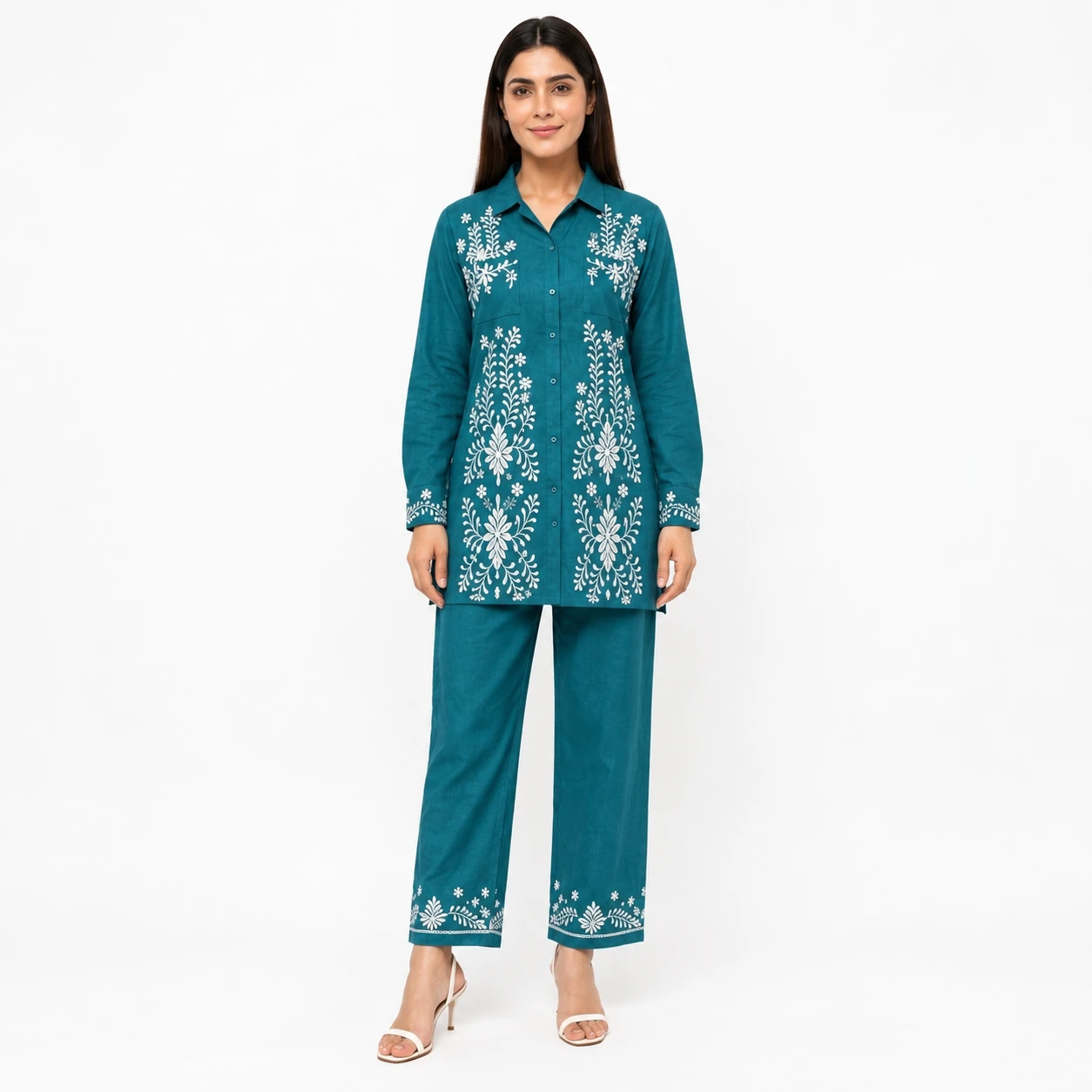 Pansho Chikankari work on top & pyjama 2 PC Co-ord Set - Turquoise blue